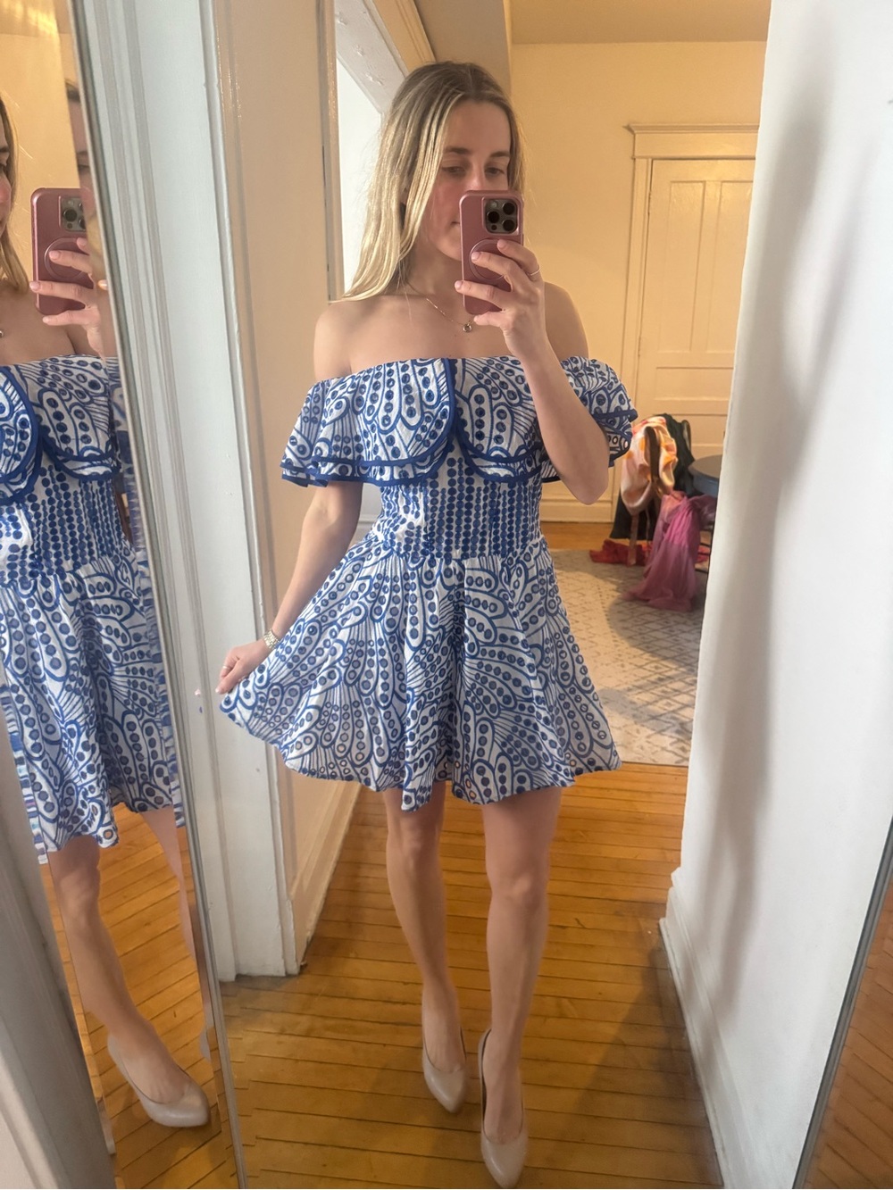 Commense Off-Shoulder White Dress with Blue Print - Picture 3 of 3